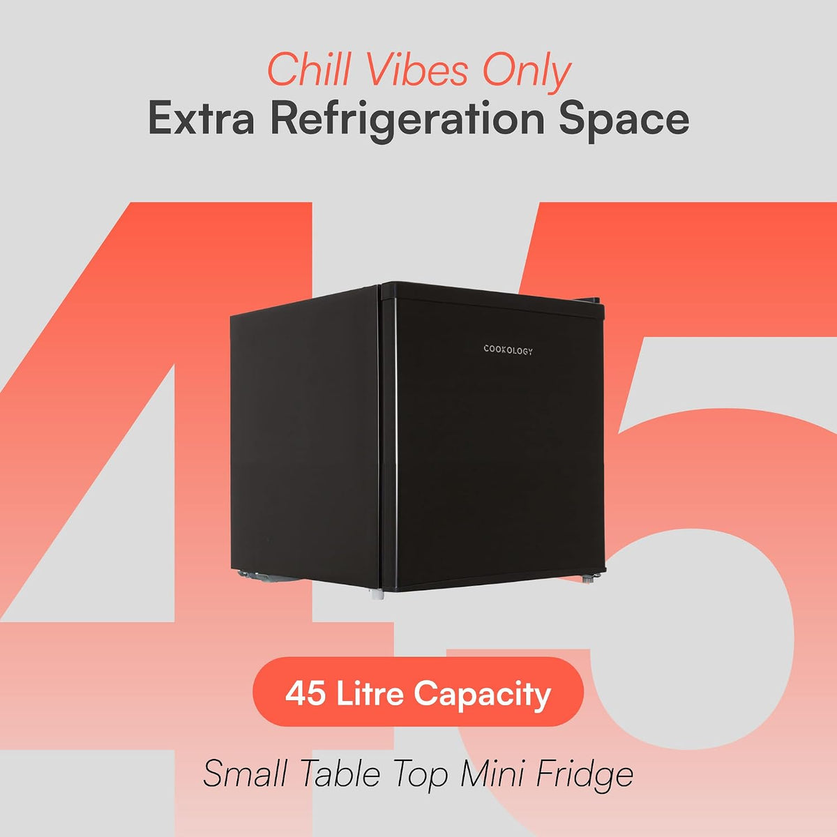 Cookology 45L Mini Fridge MFR45BK – Compact Countertop Fridge with Ice Box, Quiet 41dB, Ideal for Bedrooms, Offices & Student Rooms, Black