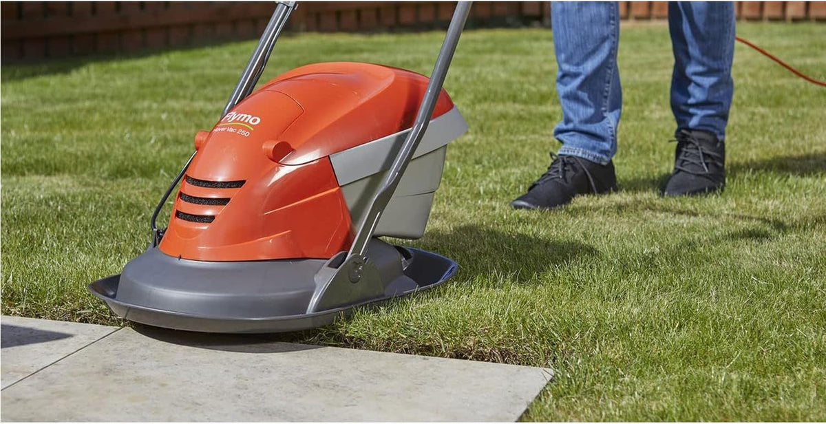Flymo Hover Vac 250 Electric Hover Collect Lawn Mower - 1400W, 25cm Cutting Width, 15L Grass Box, Ambidextrous Handles, Folds Flat, Orange and Grey