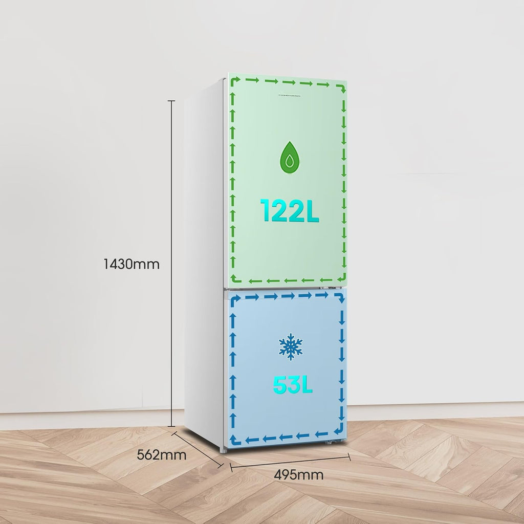 Fridgemaster 50cm Slim Fridge Freezer MC50175A – Fits Narrow Kitchens, 175L 60/40, Quiet 39dB, Reversible Door, White