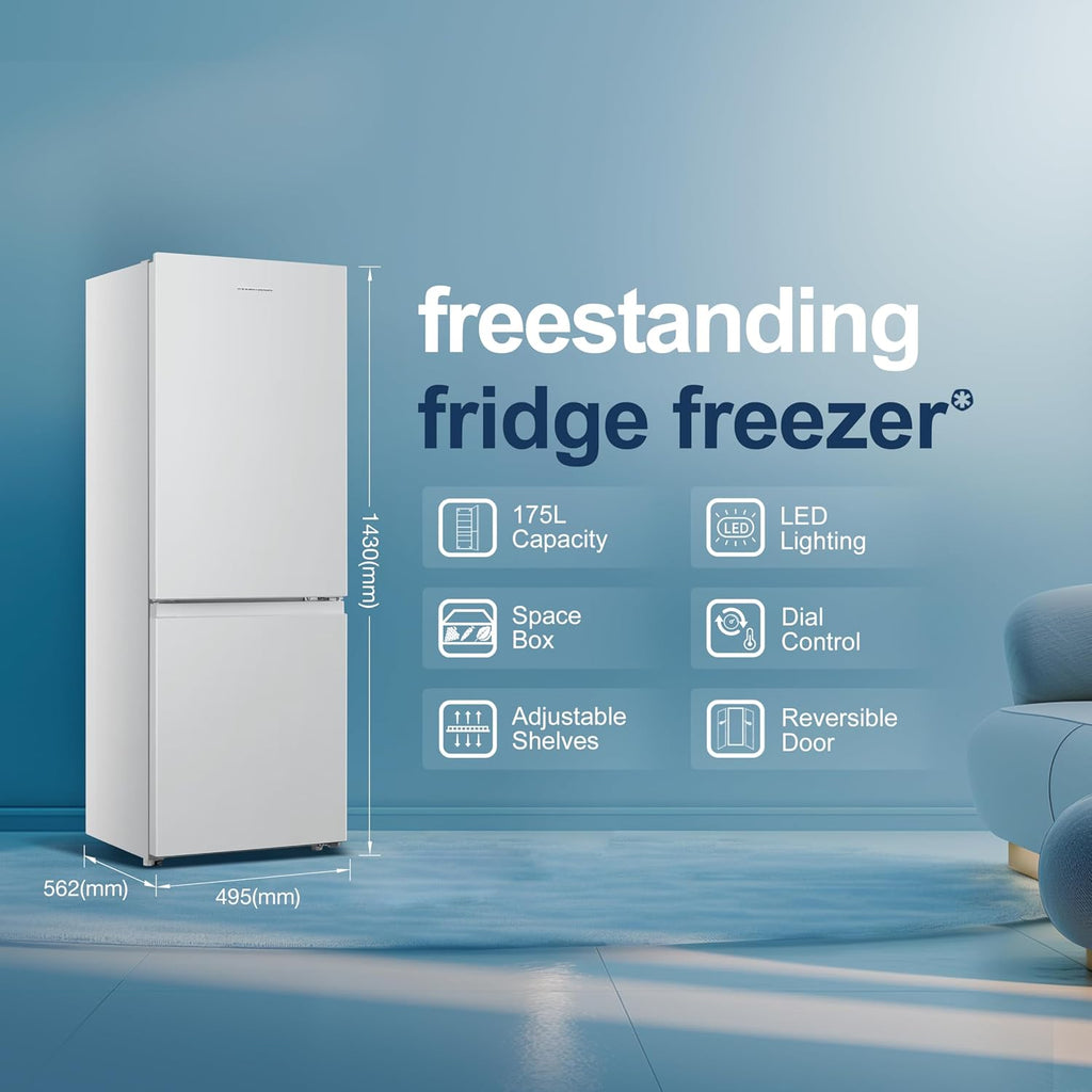 Fridgemaster 50cm Slim Fridge Freezer MC50175A – Fits Narrow Kitchens, 175L 60/40, Quiet 39dB, Reversible Door, White