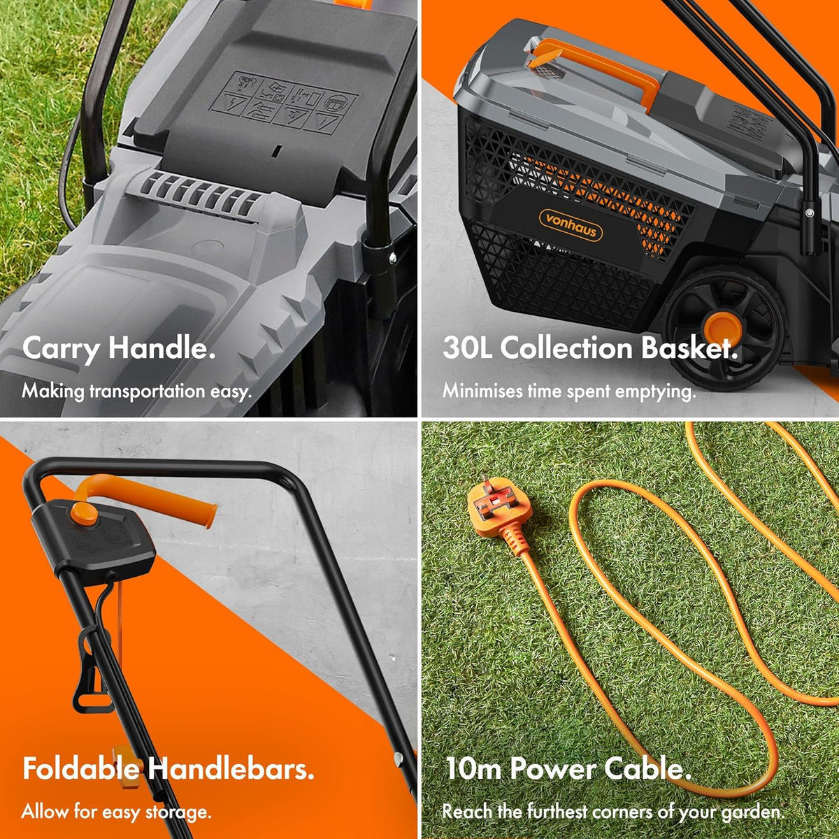 VonHaus Lawnmower 1200W – Electric Corded Lawn Mower for all Types of Grass – 30L Collection Bag, 320mm Working Width, 10m Cable, Foldable Height Adjustable Handlebar, 3 Depth Settings, Carry Handle